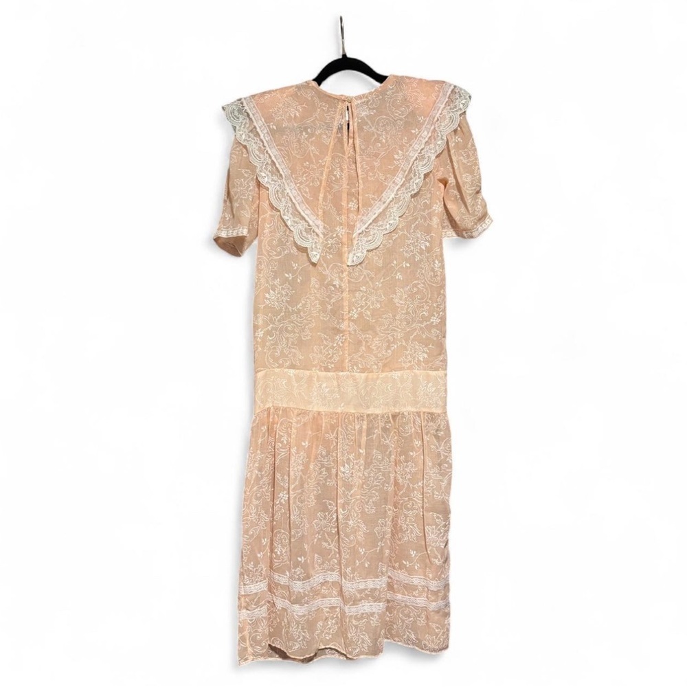 Vintage Gunne Sax Dress XS 3 Peach Sheer Lace Drop Waist Floral Cottagecore - Picture 3 of 8